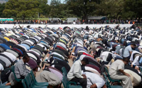 Muslims prostrate towards Mecca during congregational Friday prayers led by Gamal Fouda, imam of the tragedy-stricken Al Noor mosque.