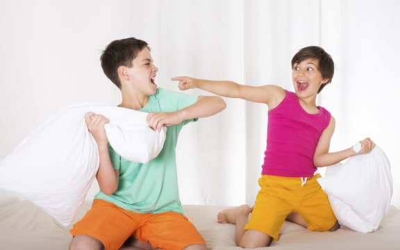 A photo of two brothers having a pillow fight and laughing