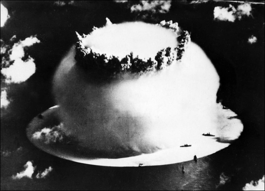 A file photo from July 2014 shows an atomic bomb explosion in Bikini Atoll.