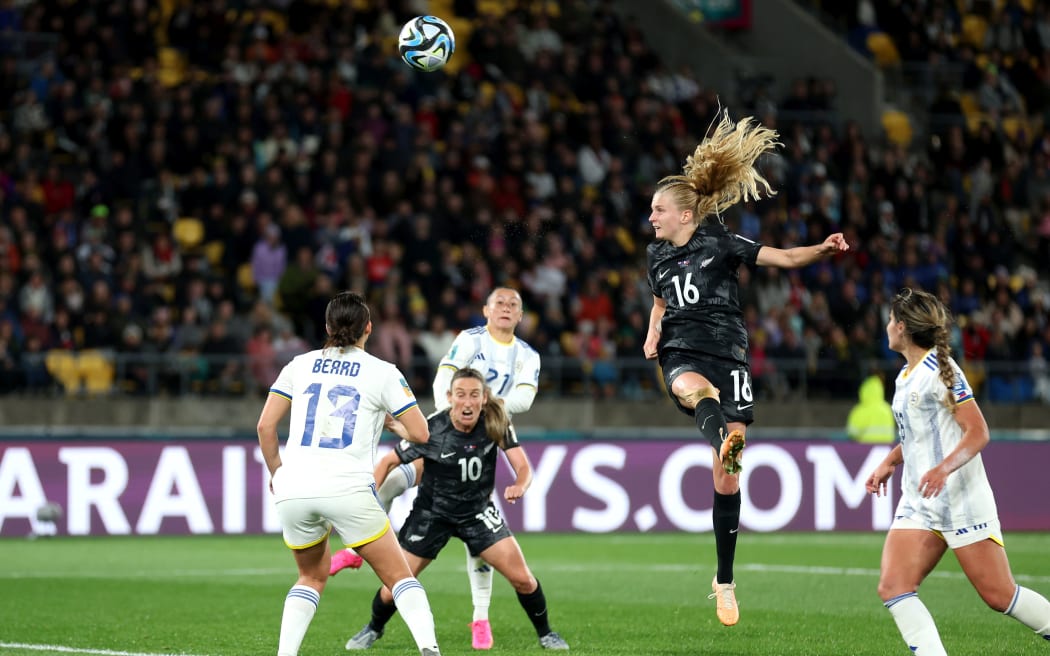 WELLINGTON, NEW ZEALAND - JULY 25: Jacqui Hand of New Zealand heads to score her team's first goal during the FIFA Women's World Cup Australia & New Zealand 2023 Group A match between New Zealand and Philippines at Wellington Regional Stadium on July 25, 2023 in Wellington, New Zealand. (Photo by Catherine Ivill/Getty Images)