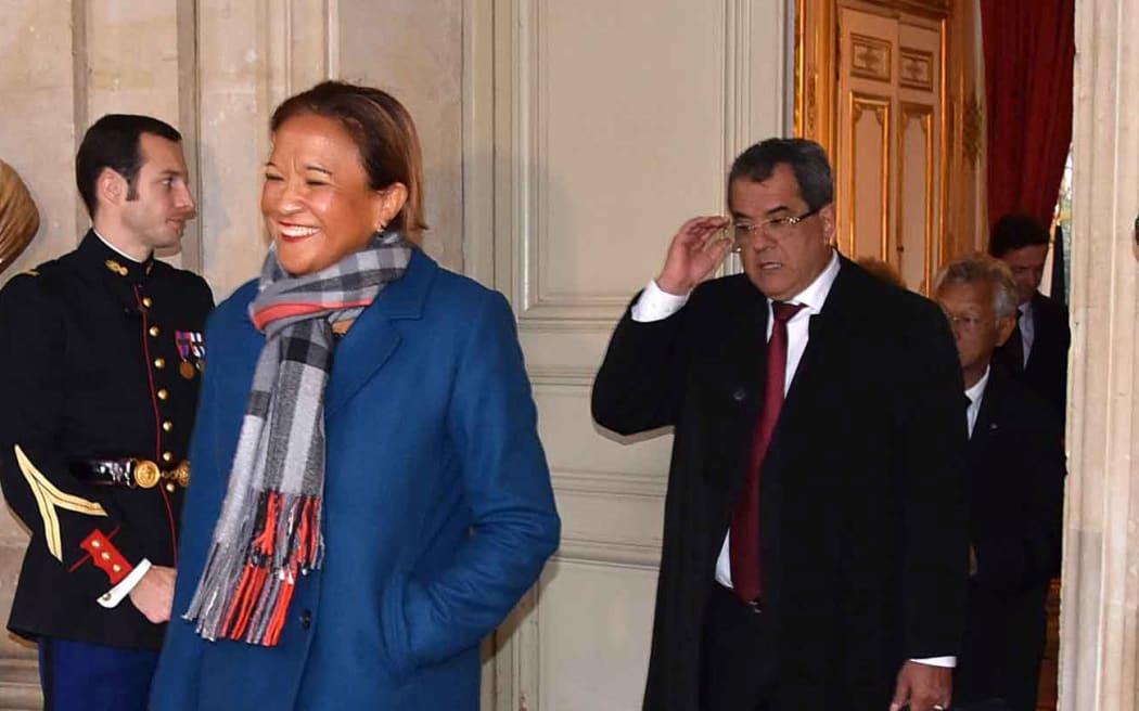 Lana Tetuanui and Edouard Fritch arrive for a meeting with French PM Edouard Philippe