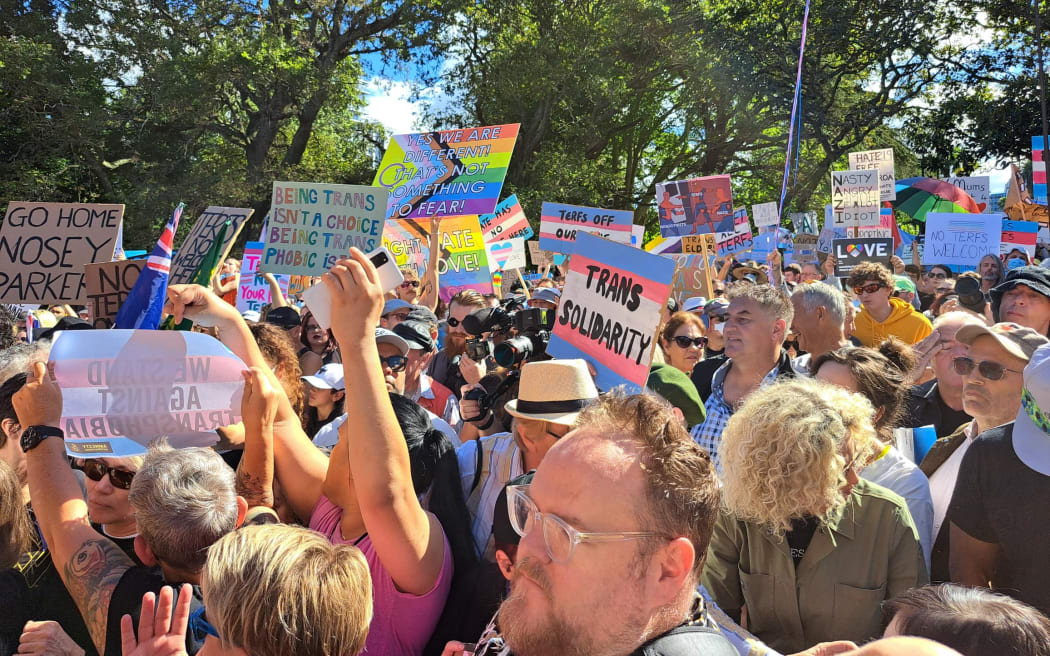 Protestors at the Posie Parker rally in Auckland.