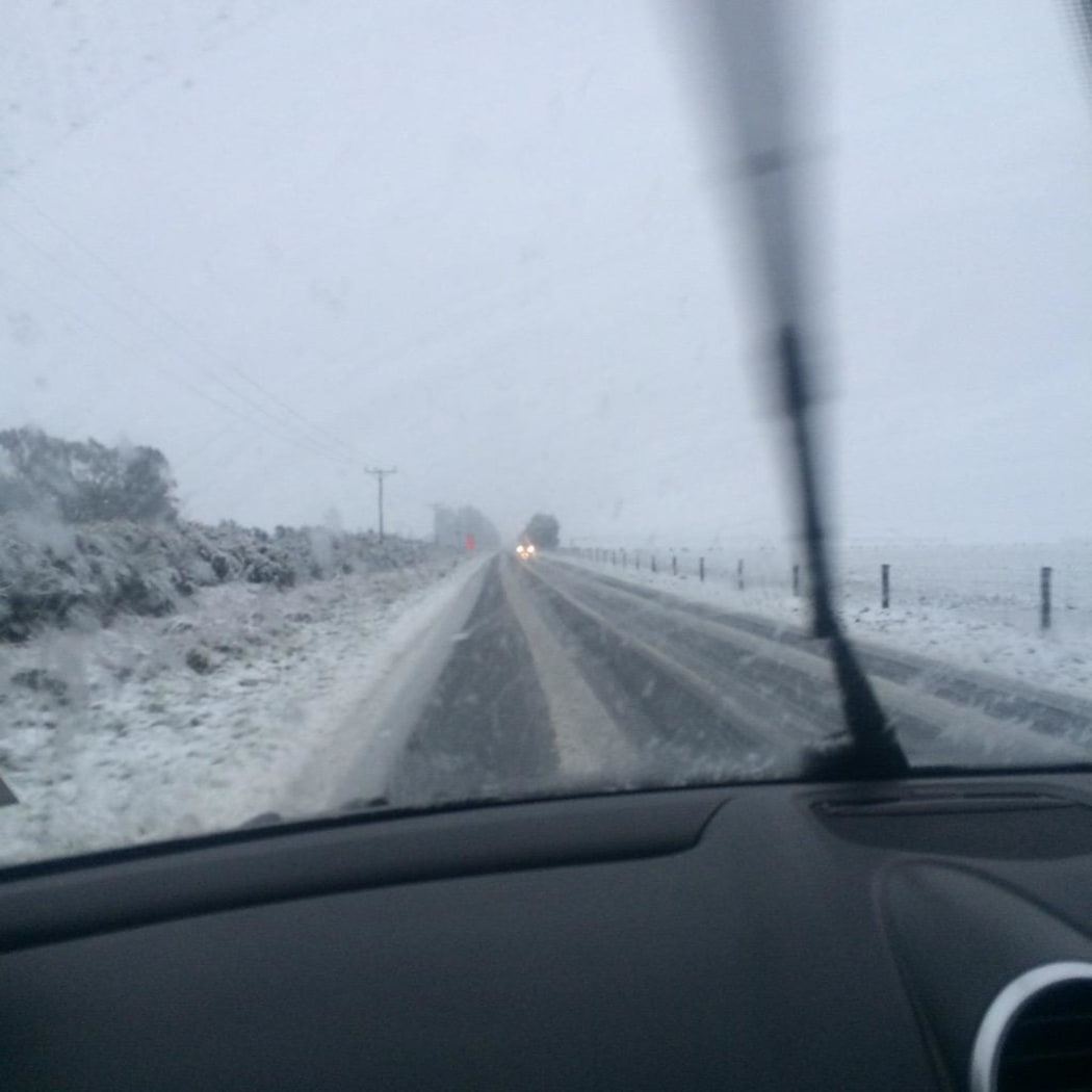 Snow on road between Ashburton and Methven on Thursday.