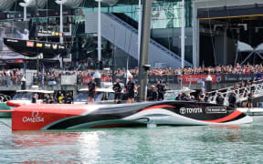 Team New Zealand heading out from Auckland viaduct for America's Cup race on 17 March 2021.