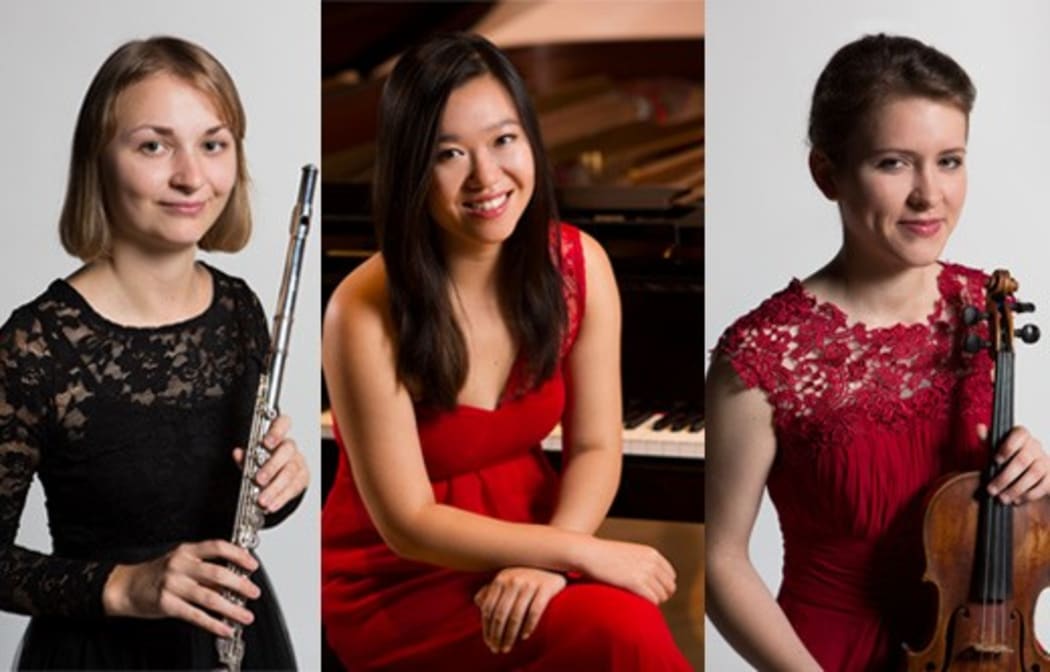 University of Auckland Concerto Competition finalists:  Flutist Anna Cooper, pianist Siyu Sun and violinist Lauren Bennett