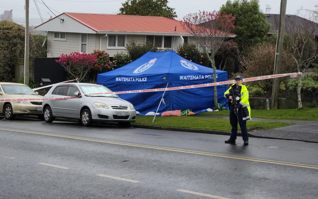 Police at the scene in Hillcrest on Auckland's North Shore on 17 August 2022.