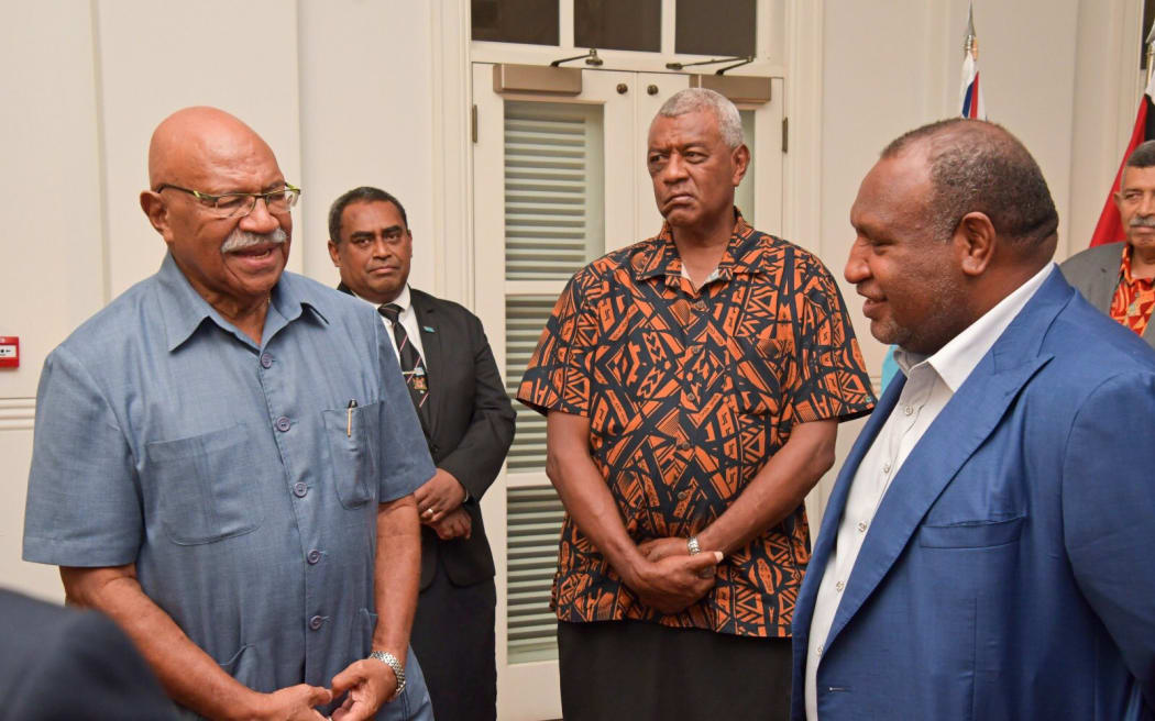 Sitiveni Rabuka, left, and James Marape, right, meet in Nadi.