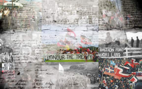 Collage of Te Tiriti o Waitangi and protestors throughout history of Aotearoa New Zealand