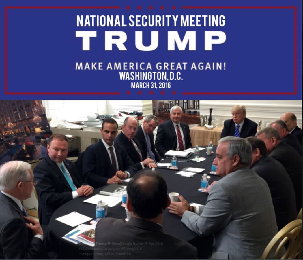 This image shows George Papadopoulos (third from left) in a photograph released on Donald Trump's Instagram account in April 2016 with a headline saying it was taken during a campaign national security meeting in Washington DC.