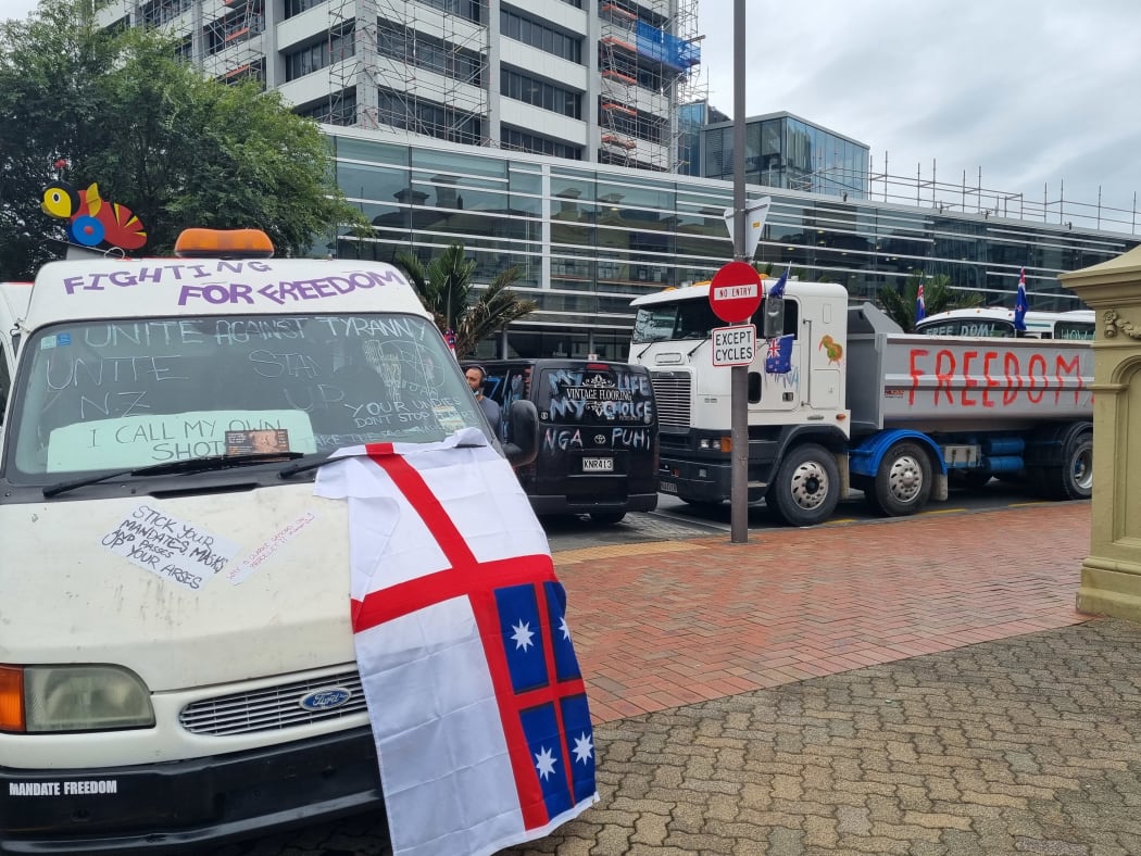 A truck and vans from the convoy covered protest messages.