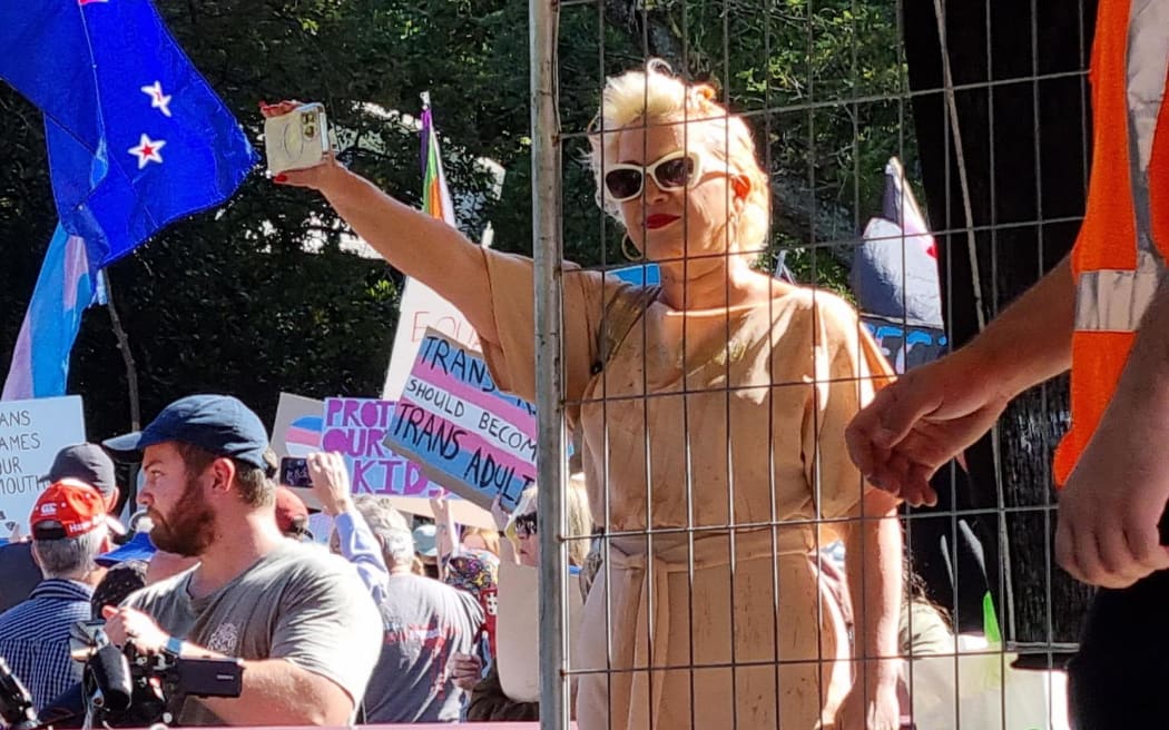 British anti-transgender activist Posie Parker, also known as Kellie-Jay Keen-Minshull, at a rally in Albert Park in central Auckland on 25 March 2023.