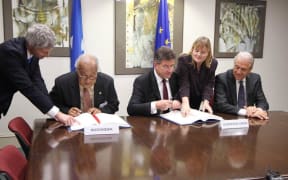 Federated States of Micronesia signs visa waiver agreement with the European Union. From left: FSM Secretary of Foreign Affairs Lorin S. Robert, Slovakia's Minister of Foreign Affairs Miroslav Lajčák and the European Commissioner for Migration Dimitris Avramopoulos.