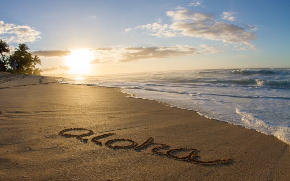 Aloha, written in the sand on beach, Hawaii