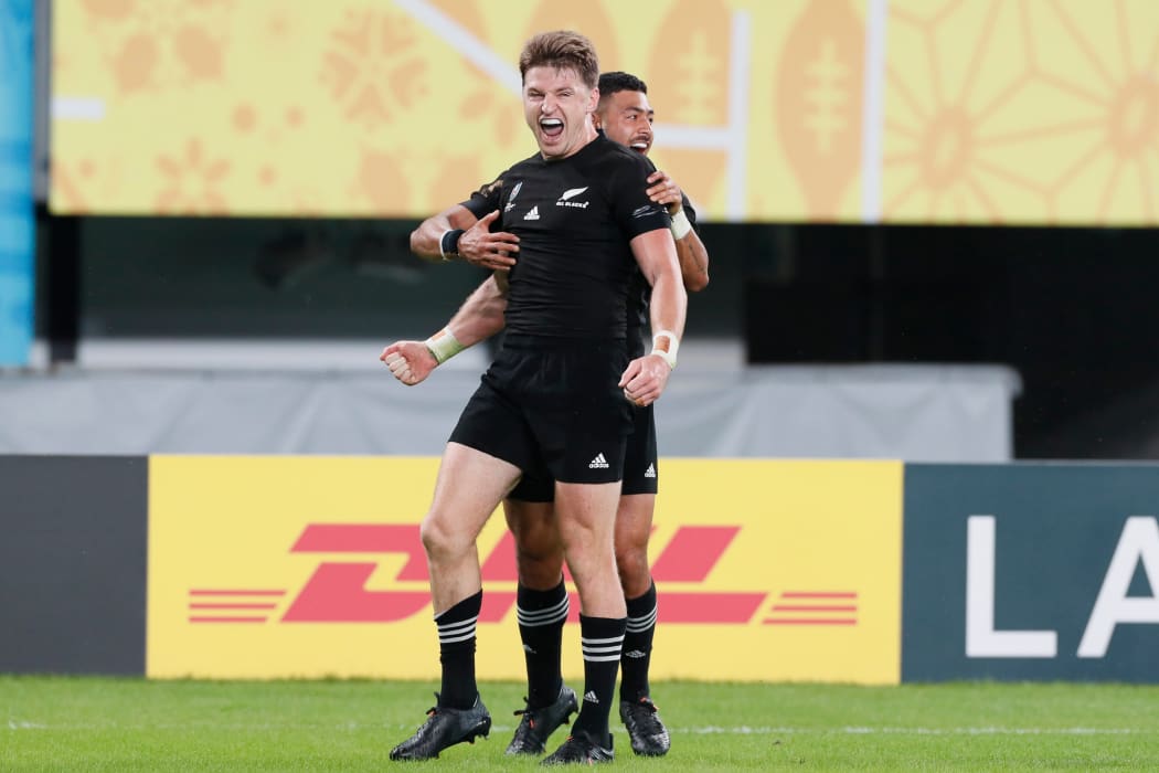 Beauden Barrett after his try with Richie Mo'unga during the first half of New Zealand v Ireland quarterfinal at Rugby World Cup 2019.