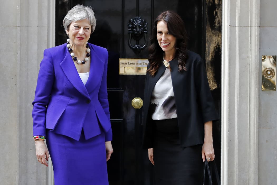 Britain's Prime Minister Theresa May and New Zealand Prime Minister Jacinda Ardern outside 10 Downing Street, before a bilateral meeting.
