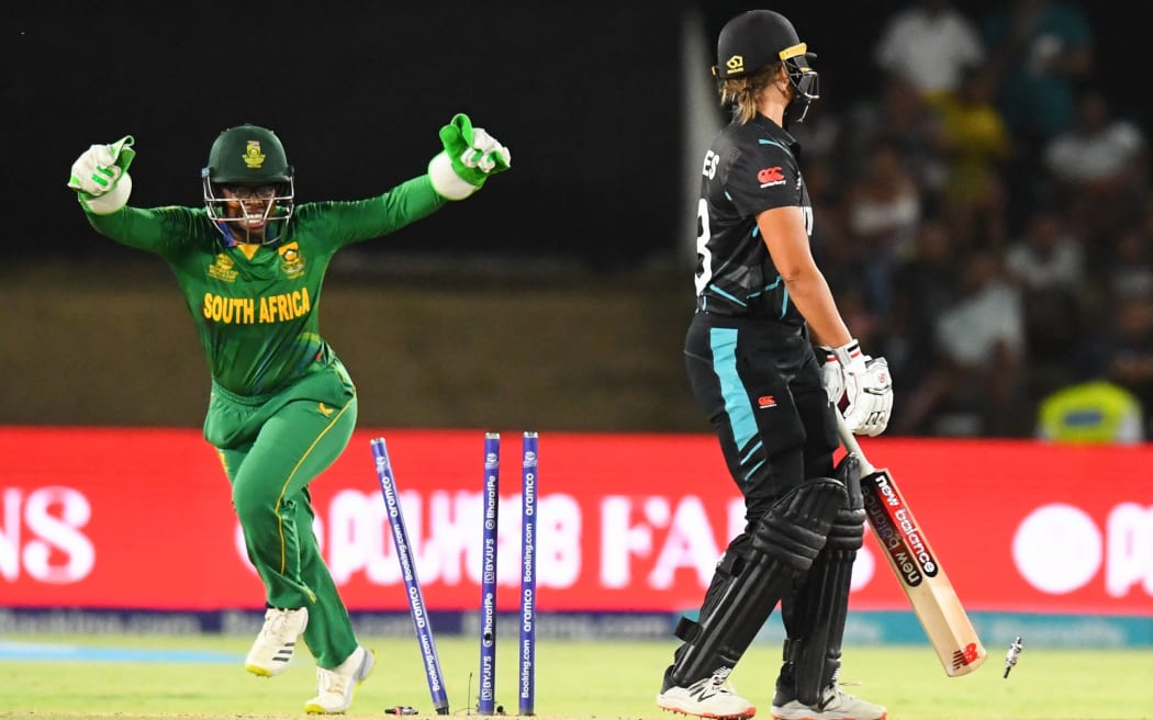 New Zealand's Suzie Bates reacts after being dismissed by South Africa's Nonkululeko Mlaba during the 2023 T20 World Cup