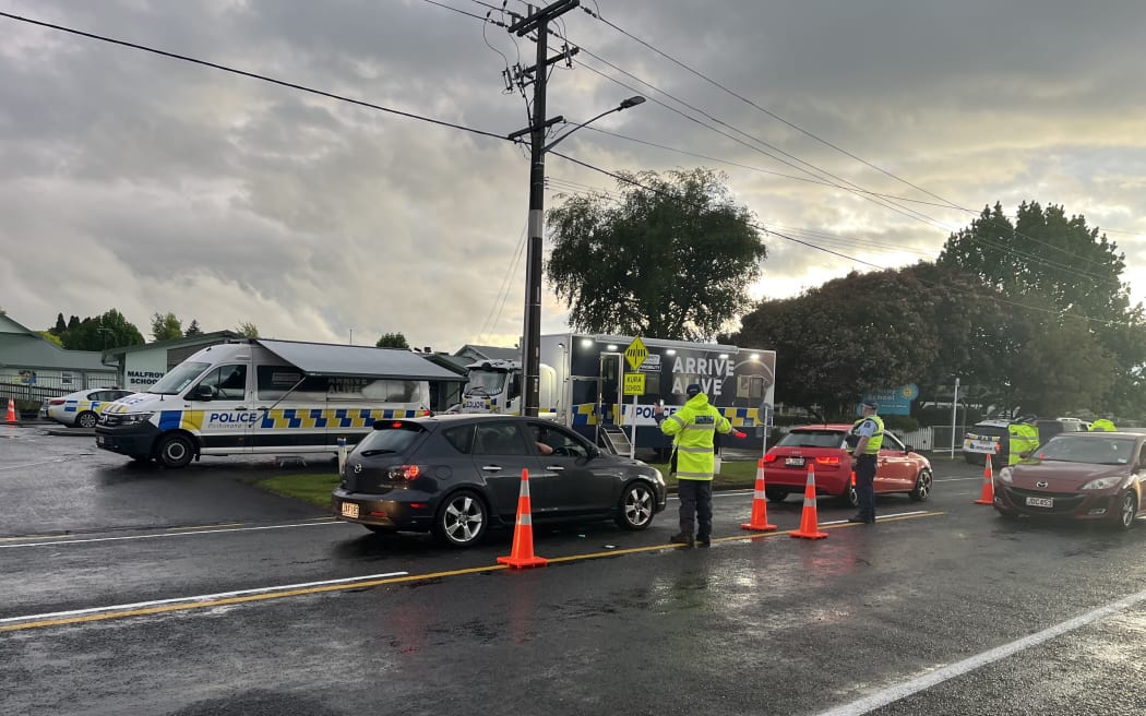 Police at the Malfoy Road checkpoint in Rotorua. Seven drink-drivers were apprehended in the space of 75 minutes.