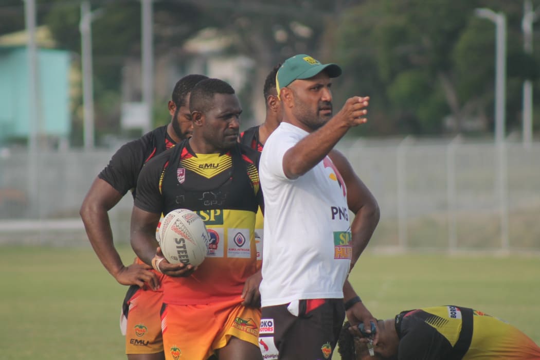 PNG Hunters coach Michael Marum gets his message across during training.