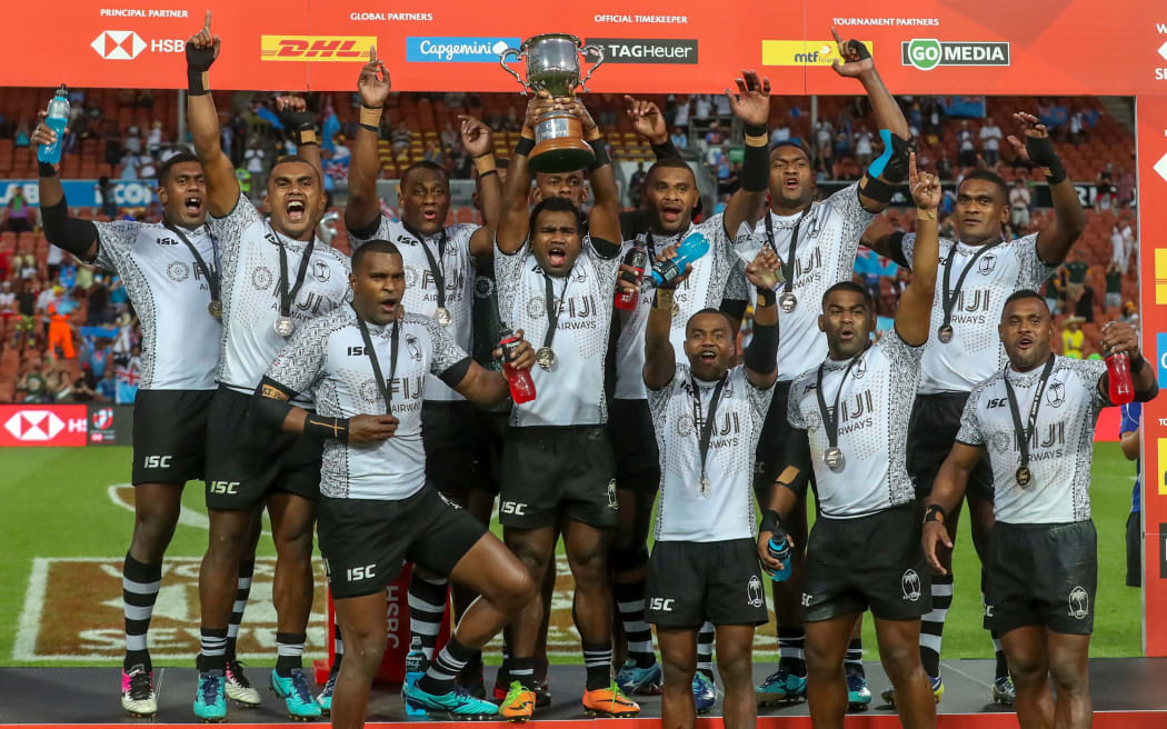 Fiji celebrate with their Hamilton tournament win.