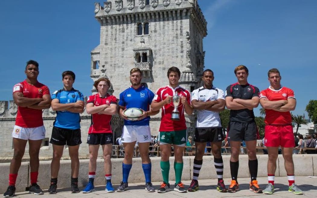 The captains of all eight teams competing in the World Rugby Junior Trophy in Portugal, including Fiji and Tonga.
