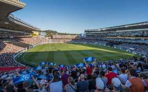 Fans in the crowd during the Black Caps v Australia international T20 cricket match at Eden Park 2018.