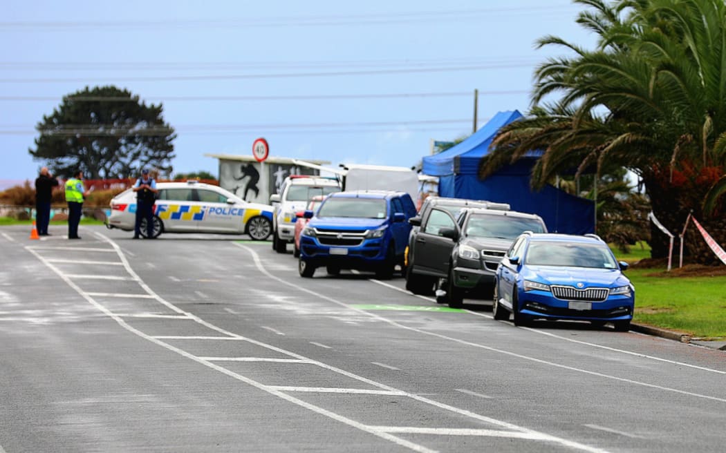 Police set up cordons after two bodies were found at a property on Peter Snell Drive in Northland on 15 May, 2023.
