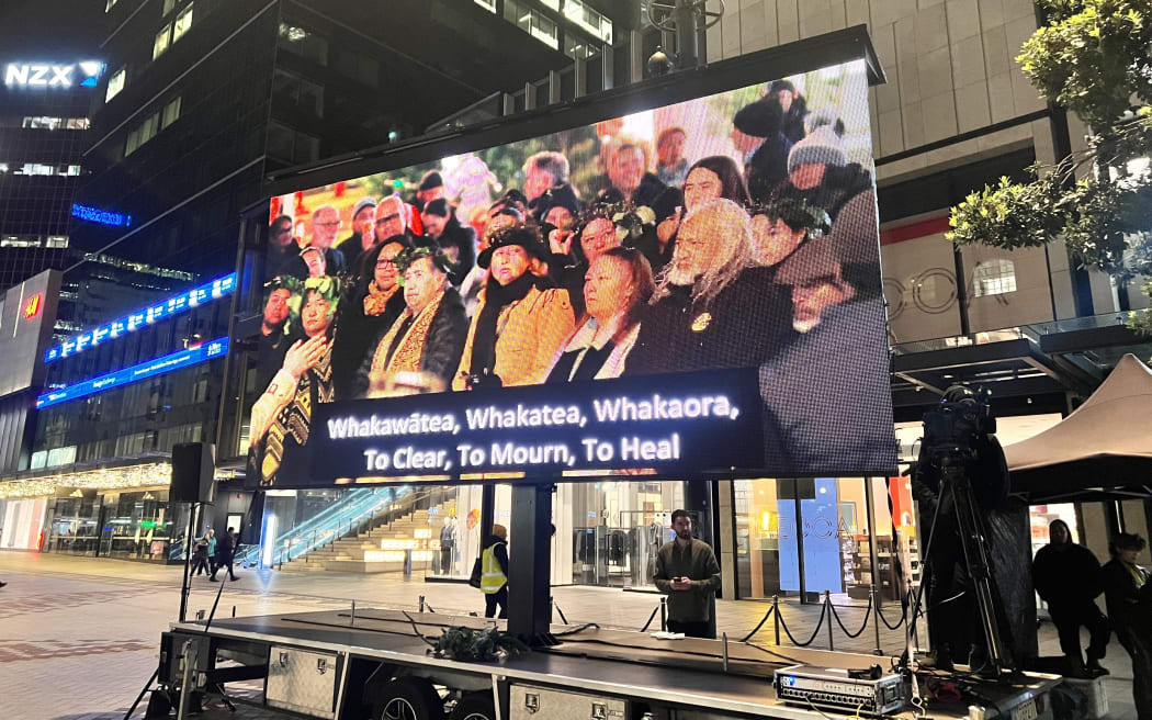 A blessing and karakia were held at the site of the Auckland shooting. Photo: RNZ / Delphine Herbert