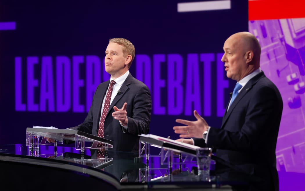 Labour leader Chris Hipkins and National leader Christopher Luxon at the 1News party leaders' debate.