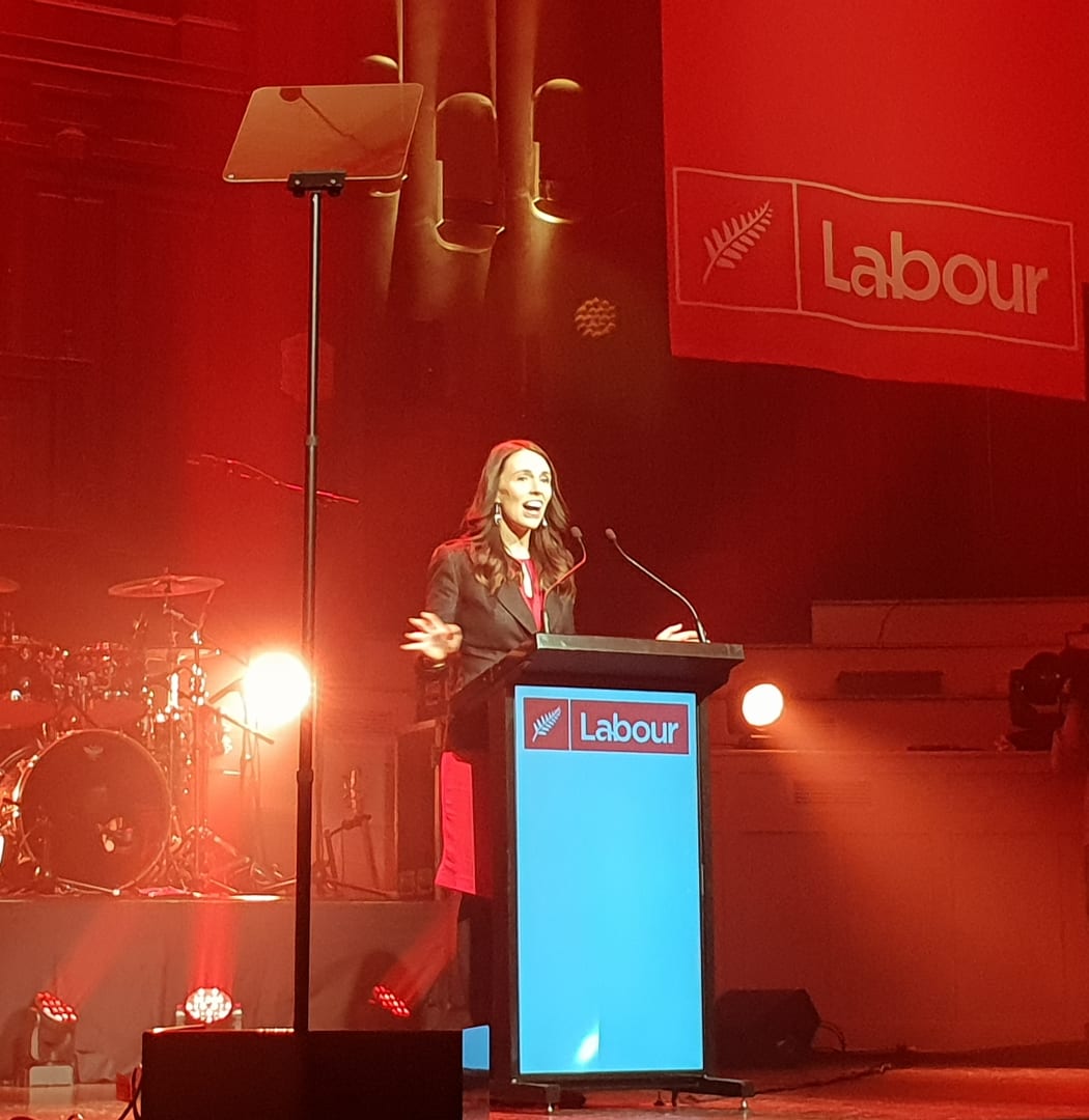 Jacinda Ardern speaking at the Labour Conference in Dunedin.