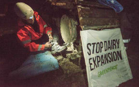 Greenpeace activists chain themselves to machinery in protest at a dairy farm expansion in the Mackenzie region.