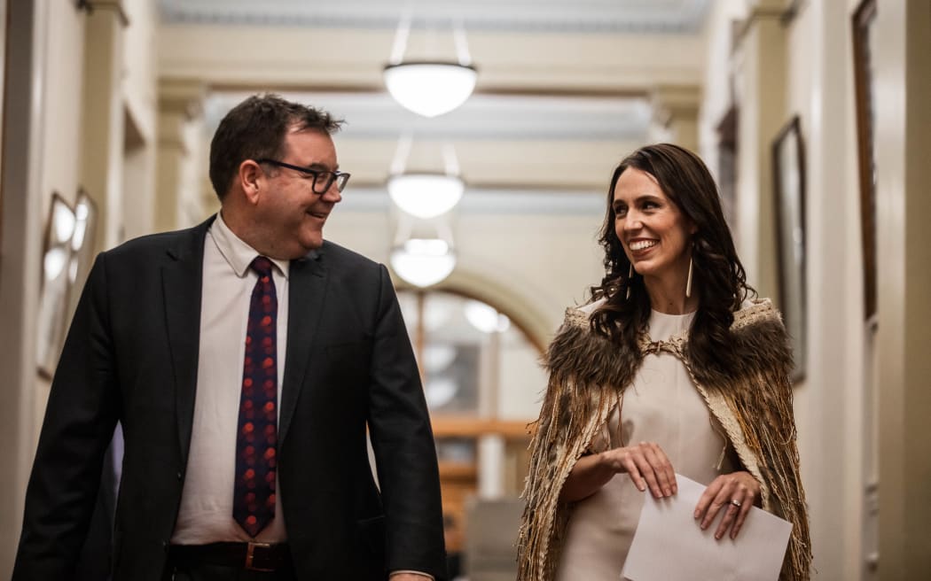 Grant Robertson & Jacinda Ardern entering the House before Ardern's valedictory speech.