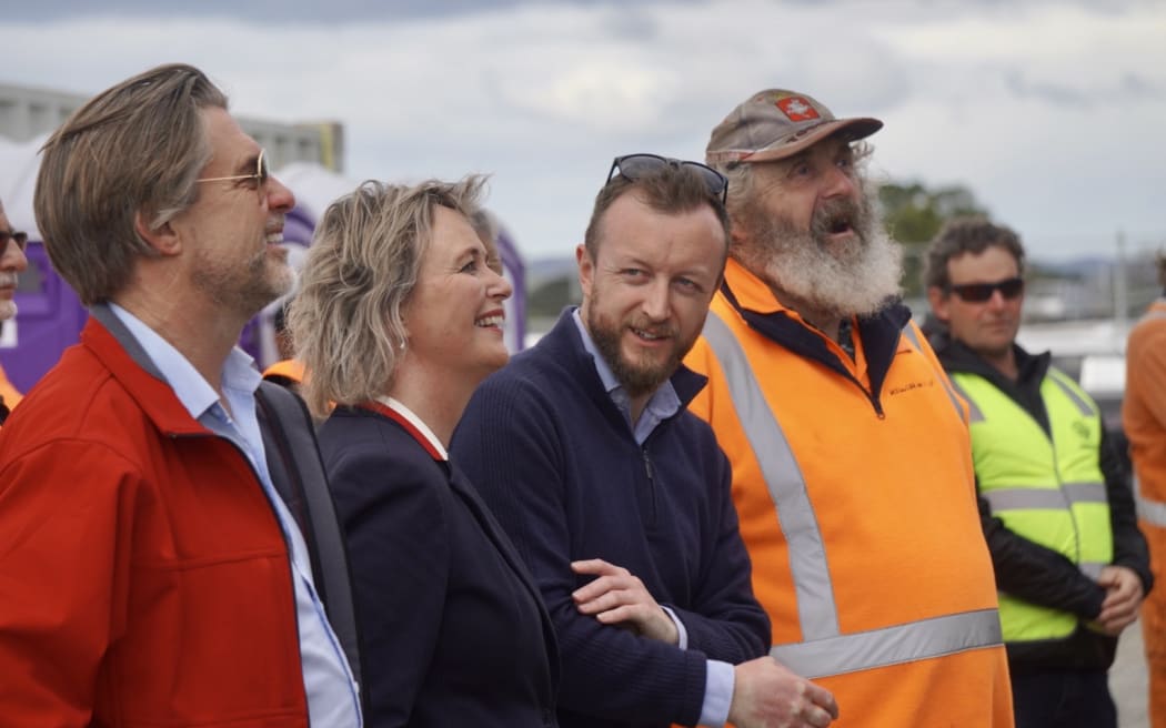 Labour's Napier candidate Mark Hutchinson (far left), Tukituki MP Anna Lorck, Wairarapa MP Kieran Mcanulty at the re-opening of the Napier to Hastings rail line.