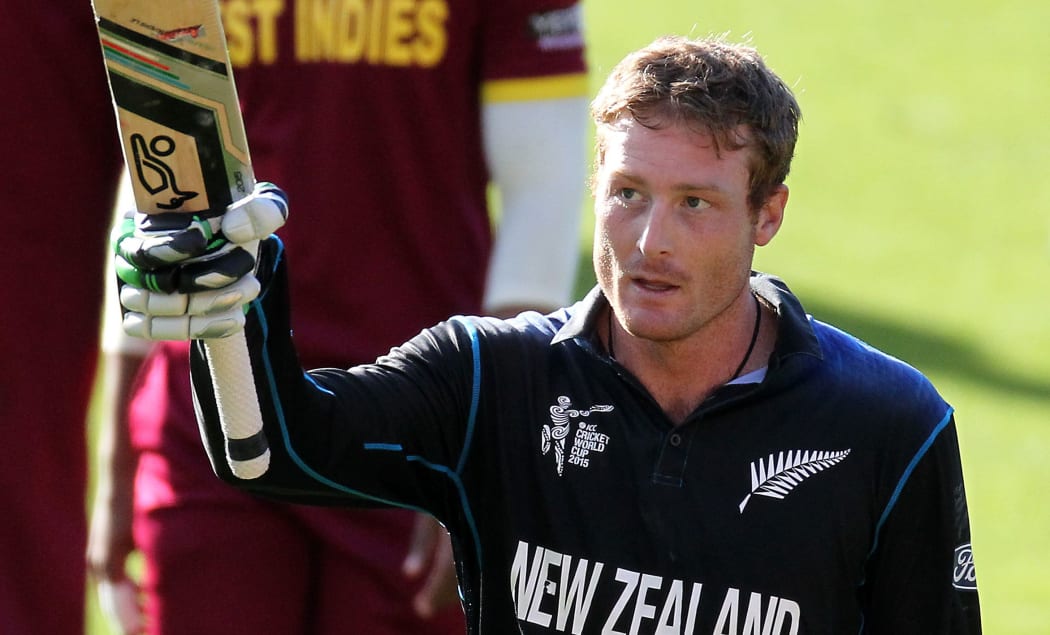 Martin Guptill salutes the Wellington Stadium crowd after bringing up his double century.
