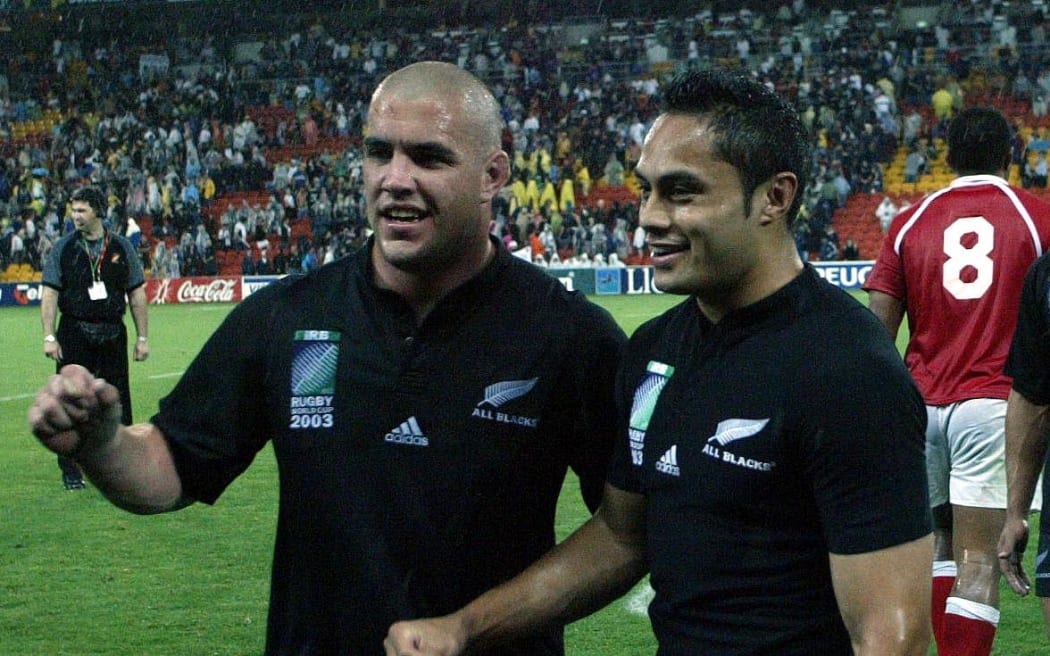 Rugby World Cup 2003 All Black hooker Corey Flynn and debutant Ben Atiga after the side's win over Tonga.