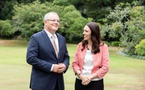Australian Prime Minister Scott Morrison with NZ PM Jacinda Ardern at Government House in Auckland