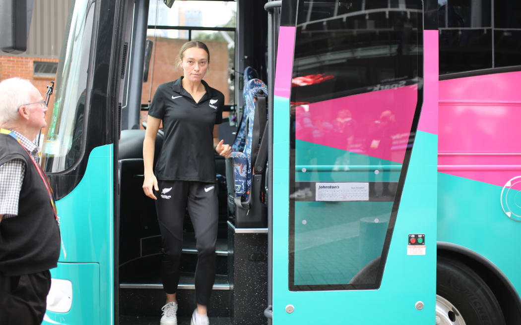 Football Fern Elizabeth Anton steps off the team bus at Spark Arena, Auckland.