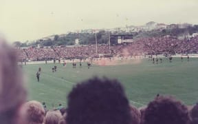 A smoke bomb thrown on to the pitch at Eden Park, 1981.