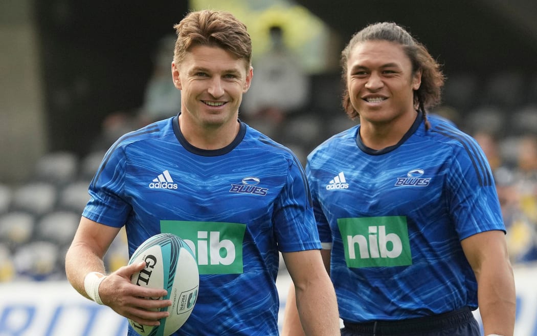 Beauden Barrett and Caleb Clarke before the Highlanders v Blues Super Rugby Pacific, Dunedin 26th March, 2022