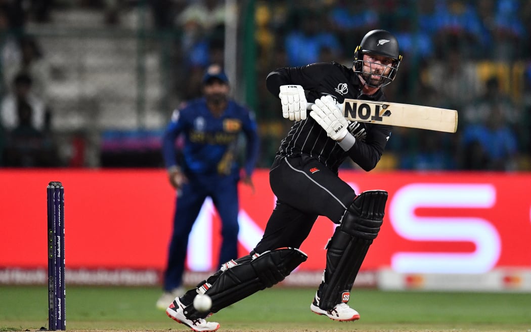 New Zealand's Devon Conway in action while batting during the ICC Cricket World Cup