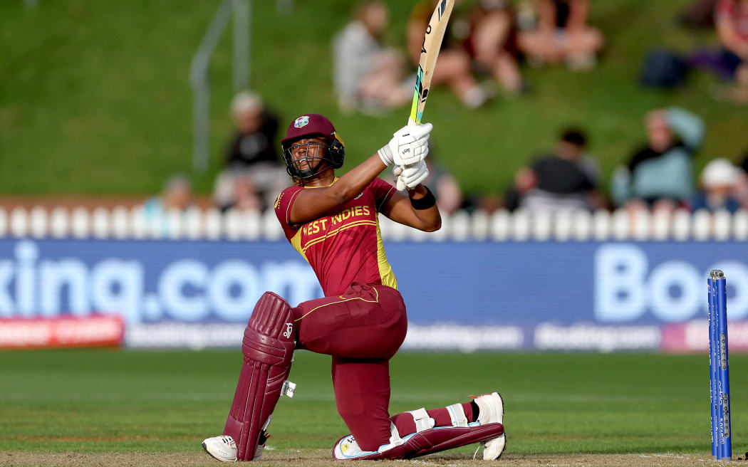 West Indies' Hayley Matthews plays a shot during the Women's Cricket World Cup semi-final match between Australia and the West Indies at the Basin Reserve in Wellington on March 30, 2022. (Photo by Marty MELVILLE / AFP)