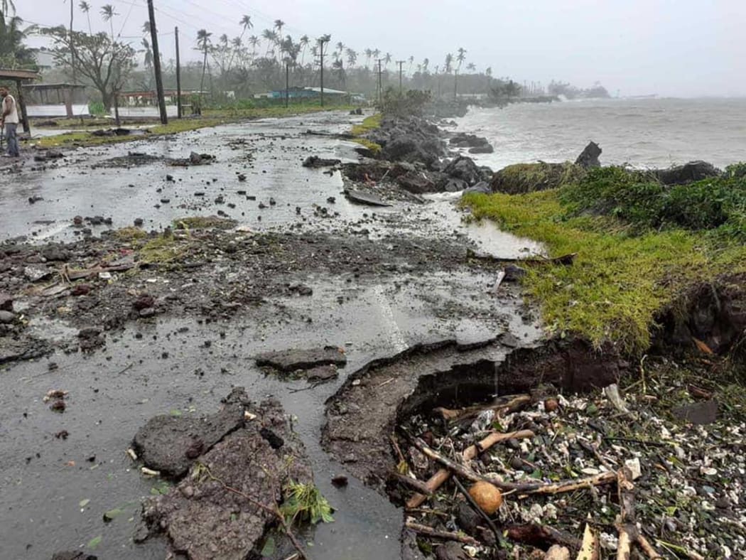 A coastal road damaged due to Cyclone Yasa