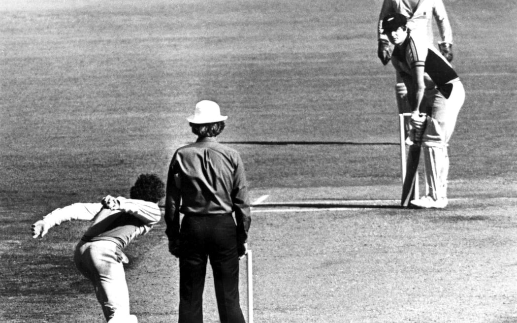 Trevor Chappell delivers the infamous underarm delivery.