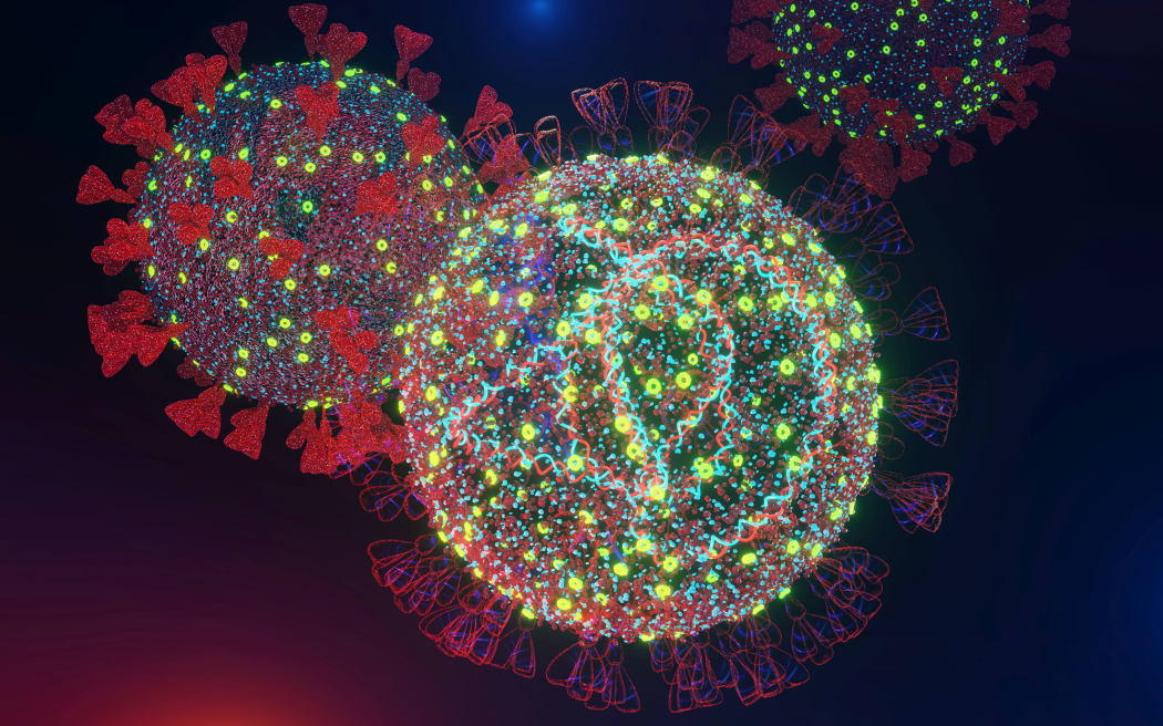 Mutated SARS-CoV-2 Omicron virus chimera, foreground, and SARS-CoV-2 delta strain, background, 3D models, 3D rendering.