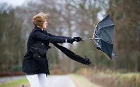 woman with umbrella blown inside out