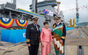 From left, Captain Simon Rooke, Governor-General Dame Patsy Reddy and Chief of Navy Rear Admiral David Proctor at the ship’s naming ceremony yesterday at the Hyundai Shipyard in South Korea.