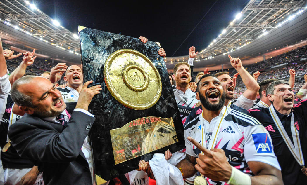 Stade Francais celebrate with the Top 14 trophy, 2015.