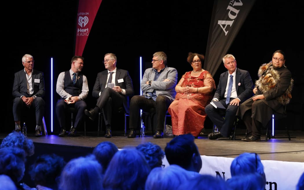 Whangārei's seven would-be mayors, from left, Mike Budd, Vince Cocurullo, Ken Couper, Brad Flower, Fiona Green, Nick Jacob and Shaquille Shortland at a meeting on 27 September 2022.