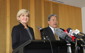 Australian Foreign Minister Julie Bishop and New Zealand Foreign Minister Winston Peters at a media stand up after trade talks.