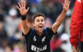 The New Zealand bowler Trent Boult appeals successfully for a LBW decision.
