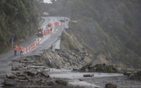 Huge storm surges damaged SH6 in Punakaiki, West Coast, February 2018.